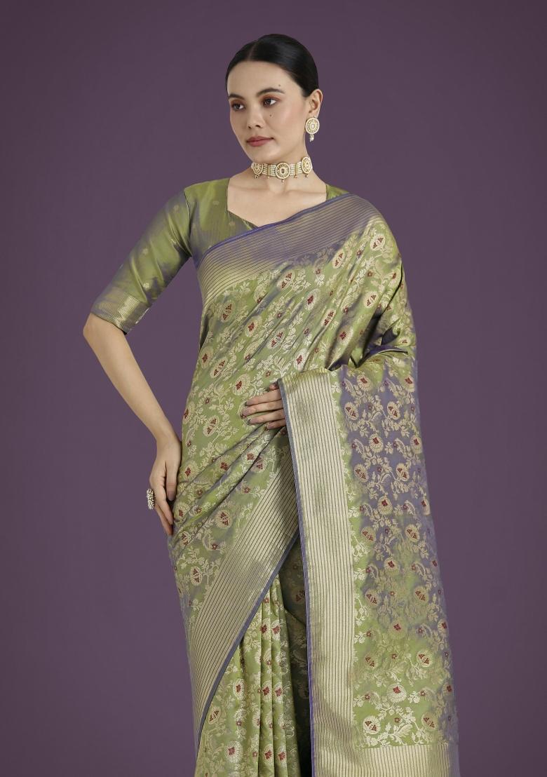 Light Green Woven Silk Saree Set - Indya