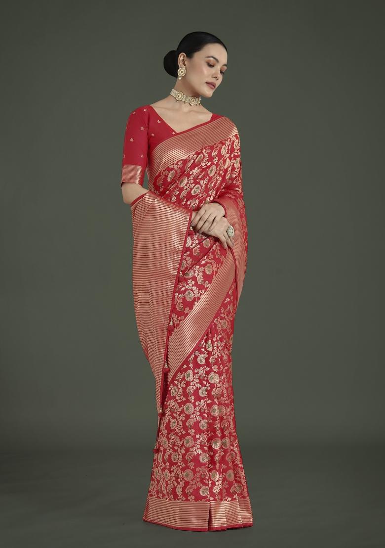 Red Woven Silk Saree Set - Indya