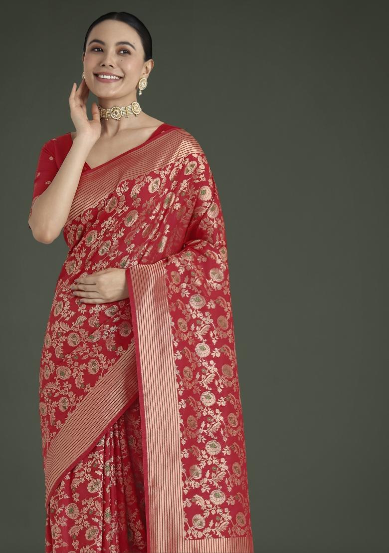 Red Woven Silk Saree Set - Indya