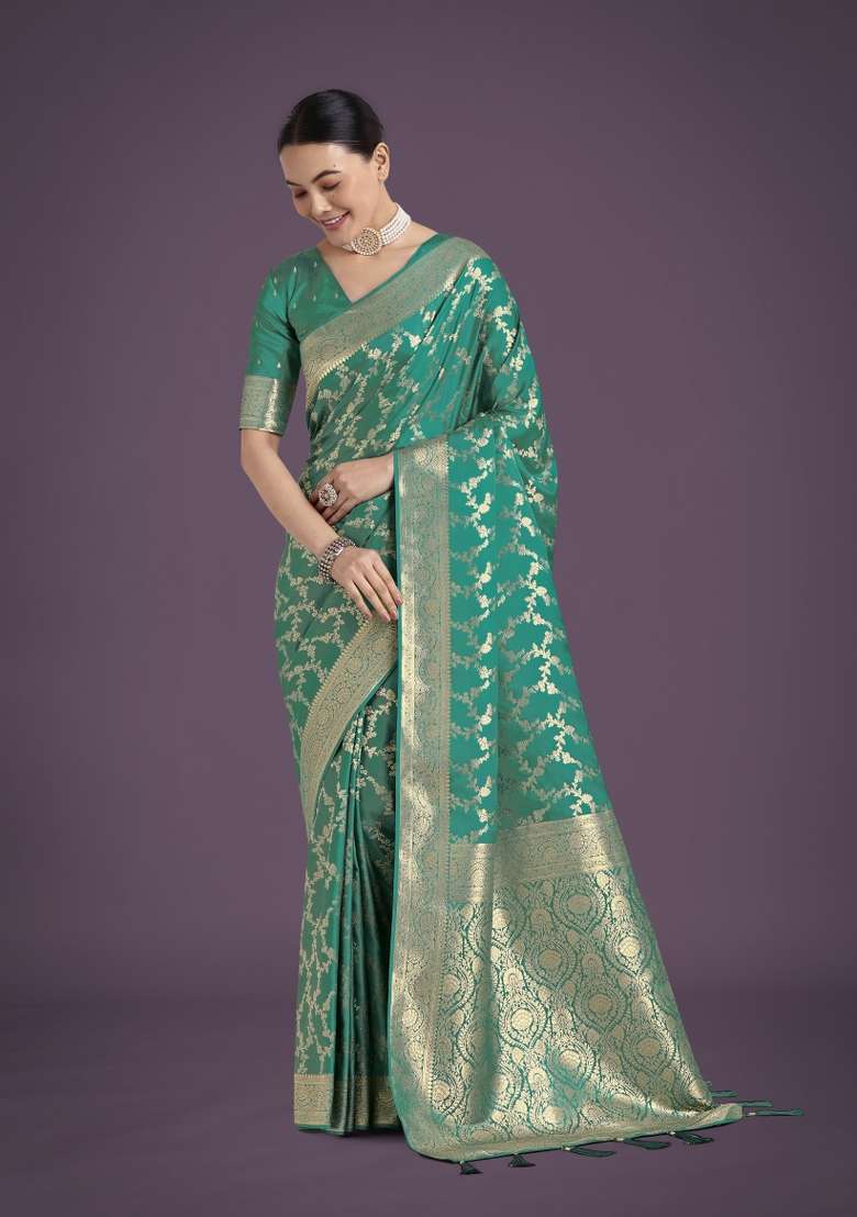 Turquoise Woven Silk Saree Set for Diwali | Wedding & Festive Wear - Indya