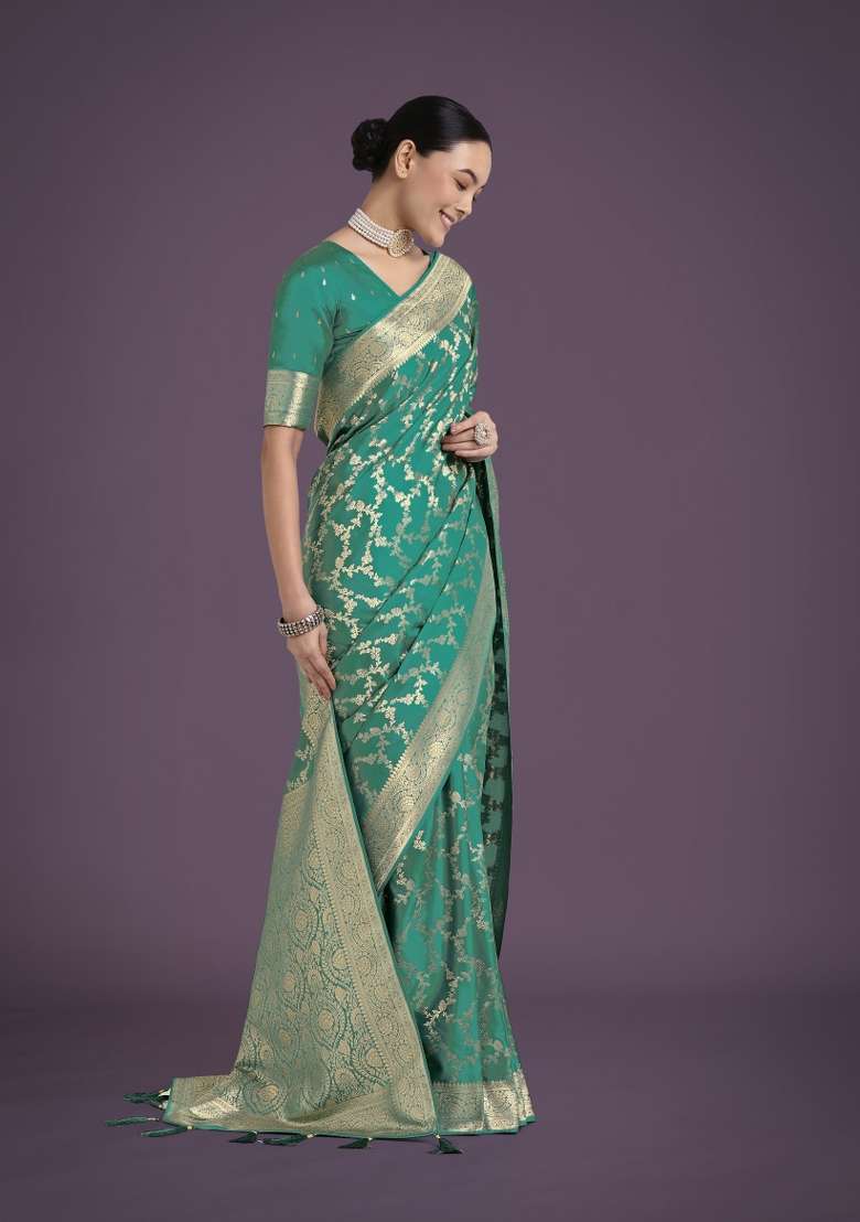 Turquoise Woven Silk Saree Set for Diwali | Wedding & Festive Wear - Indya