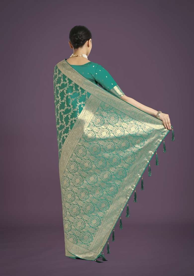Turquoise Woven Silk Saree Set for Diwali | Wedding & Festive Wear - Indya