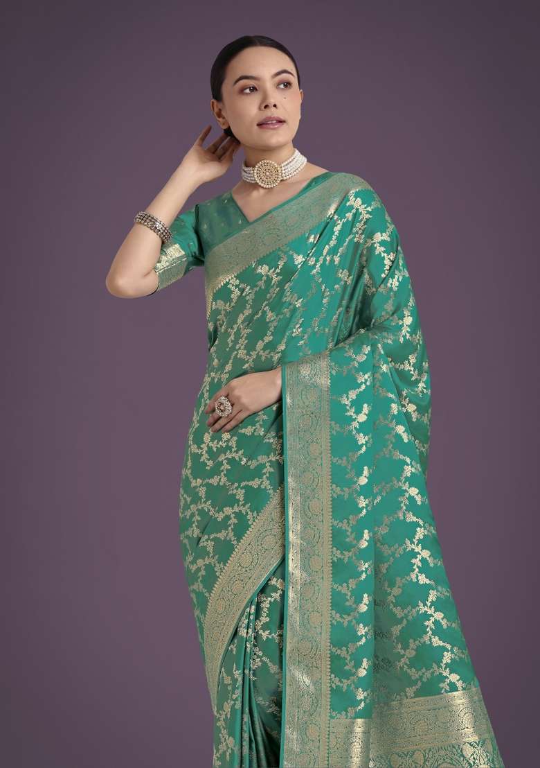 Turquoise Woven Silk Saree Set for Diwali | Wedding & Festive Wear - Indya