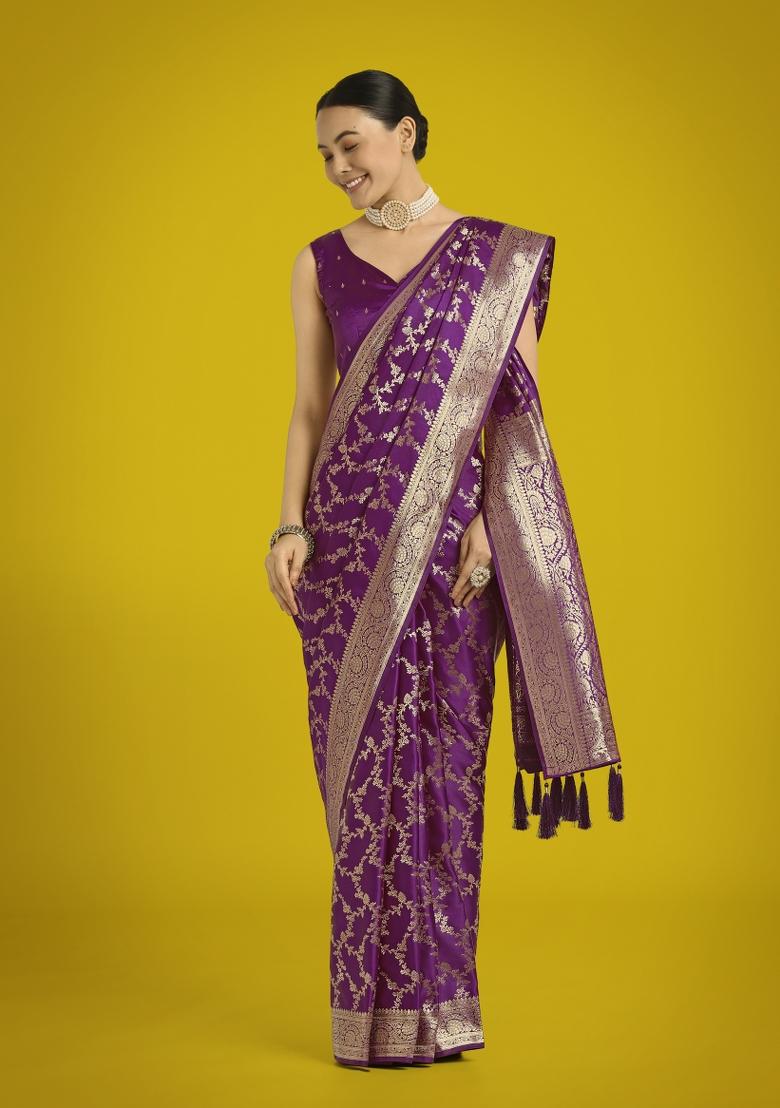 Wine Woven Silk Saree Set - Indya