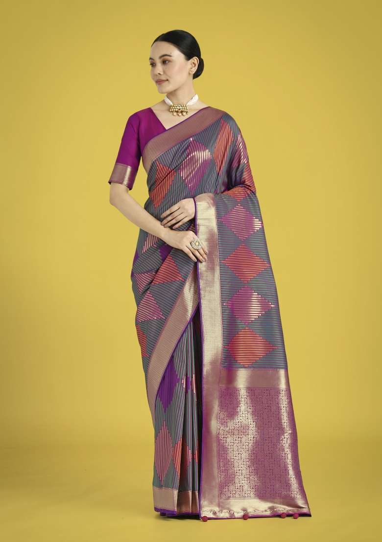 Multicolor Woven Silk Saree Set - Indya