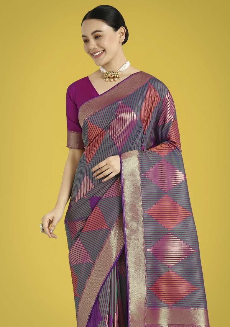 Multicolor Woven Silk Saree Set - Indya