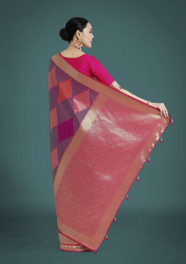 Multicolor Woven Silk Saree Set for Diwali | Wedding & Festive Wear - Indya