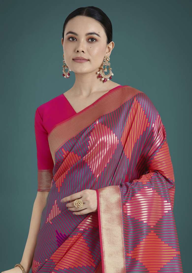 Multicolor Woven Silk Saree Set - Indya
