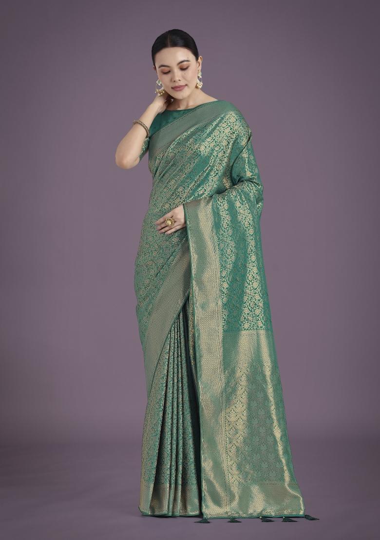 Teal Woven Silk Saree Set - Indya
