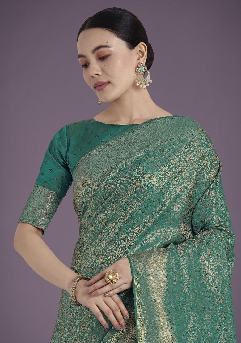 Teal Woven Silk Saree Set - Indya