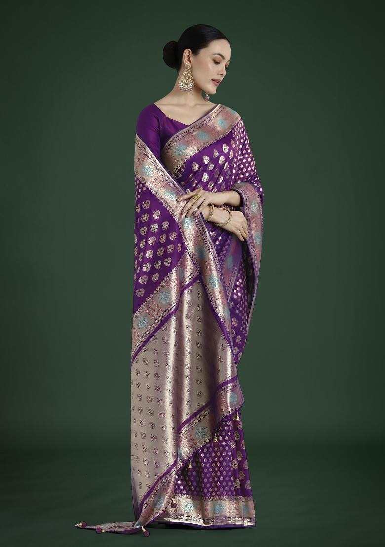 Wine Woven Silk Saree Set - Indya
