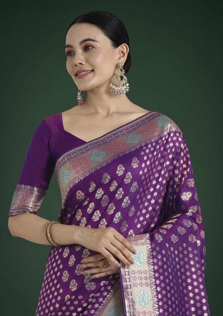 Wine Woven Silk Saree Set - Indya