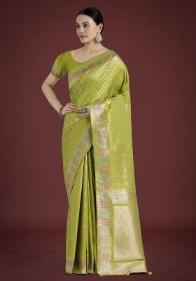 Parrot Green Woven Silk Saree Set