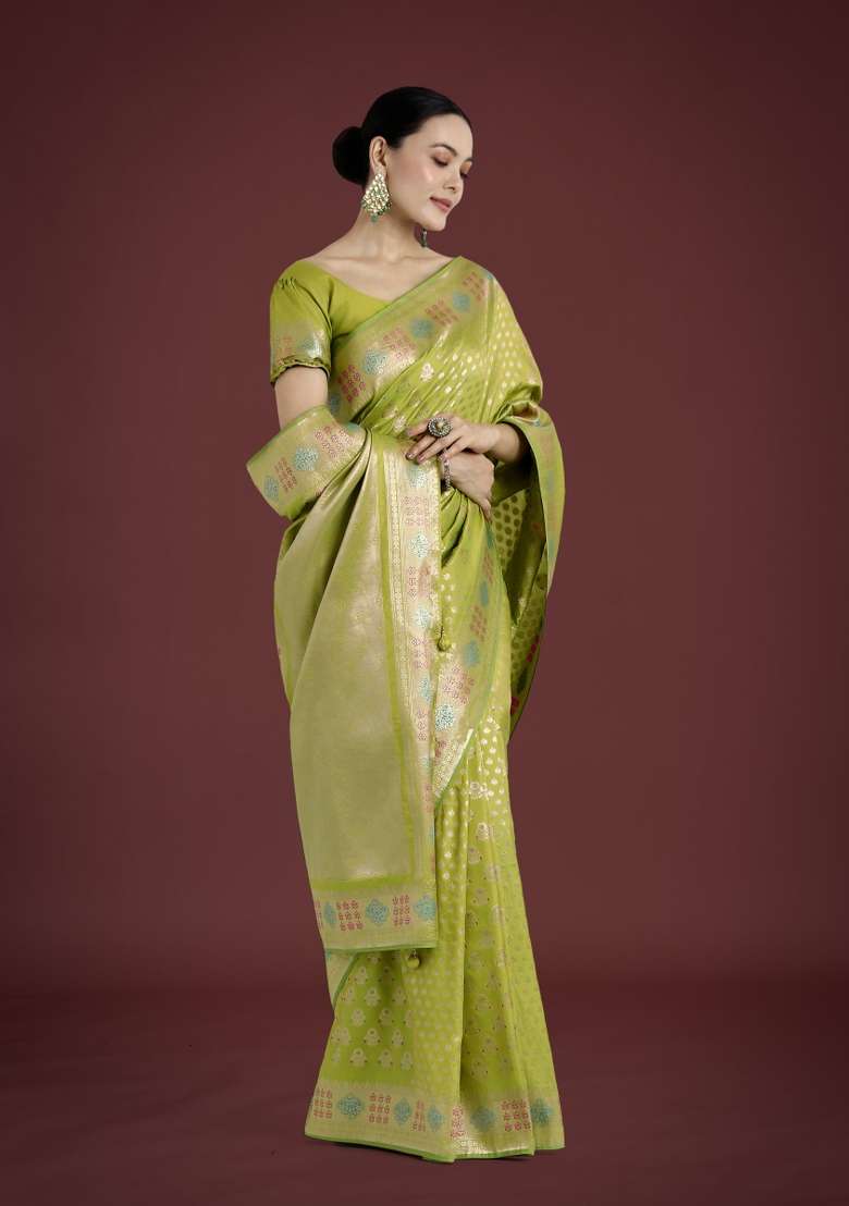 Parrot Green Woven Silk Saree Set for Diwali | Wedding & Festive Wear - Indya
