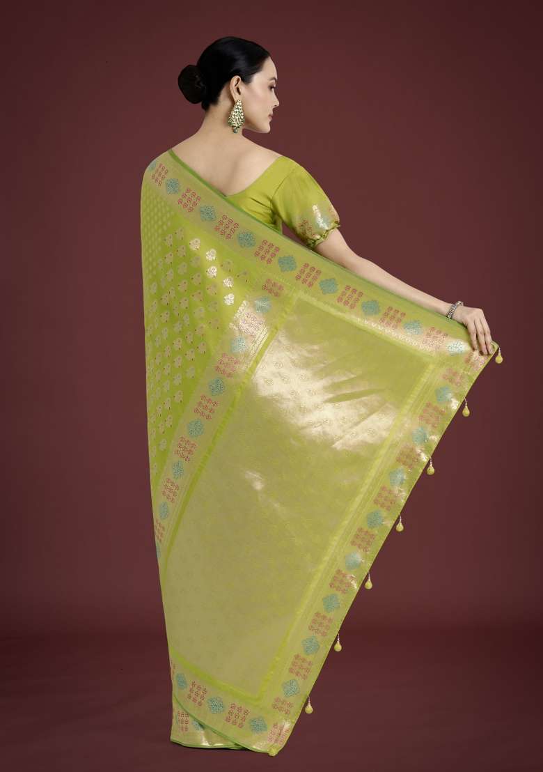 Parrot Green Woven Silk Saree Set for Diwali | Wedding & Festive Wear - Indya