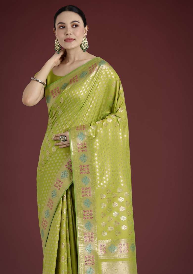 Parrot Green Woven Silk Saree Set for Diwali | Wedding & Festive Wear - Indya