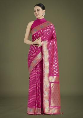 Pink Woven Silk Saree Set