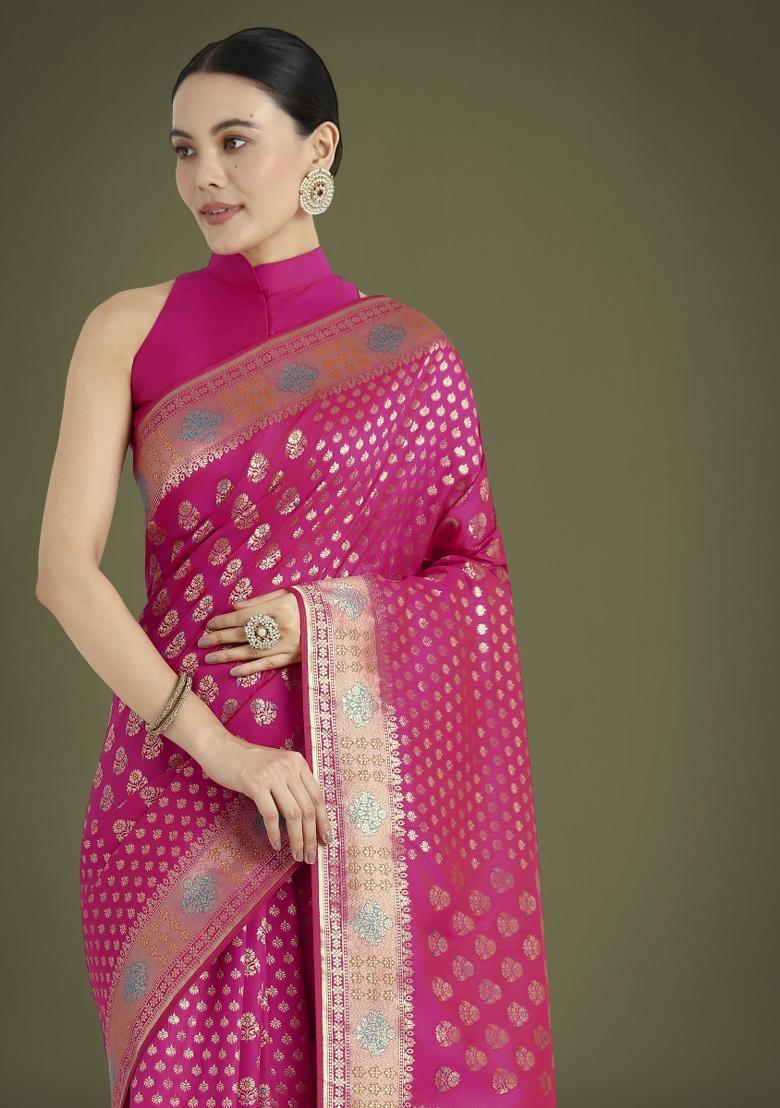 Pink Woven Silk Saree Set - Indya