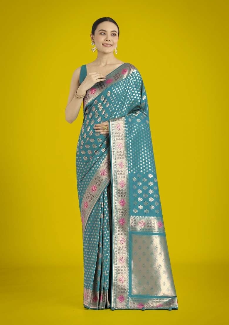 Turquoise Woven Silk Saree Set for Diwali | Wedding & Festive Wear - Indya