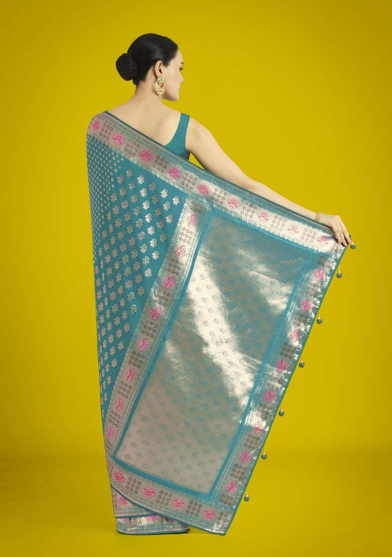 Turquoise Woven Silk Saree Set for Diwali | Wedding & Festive Wear - Indya