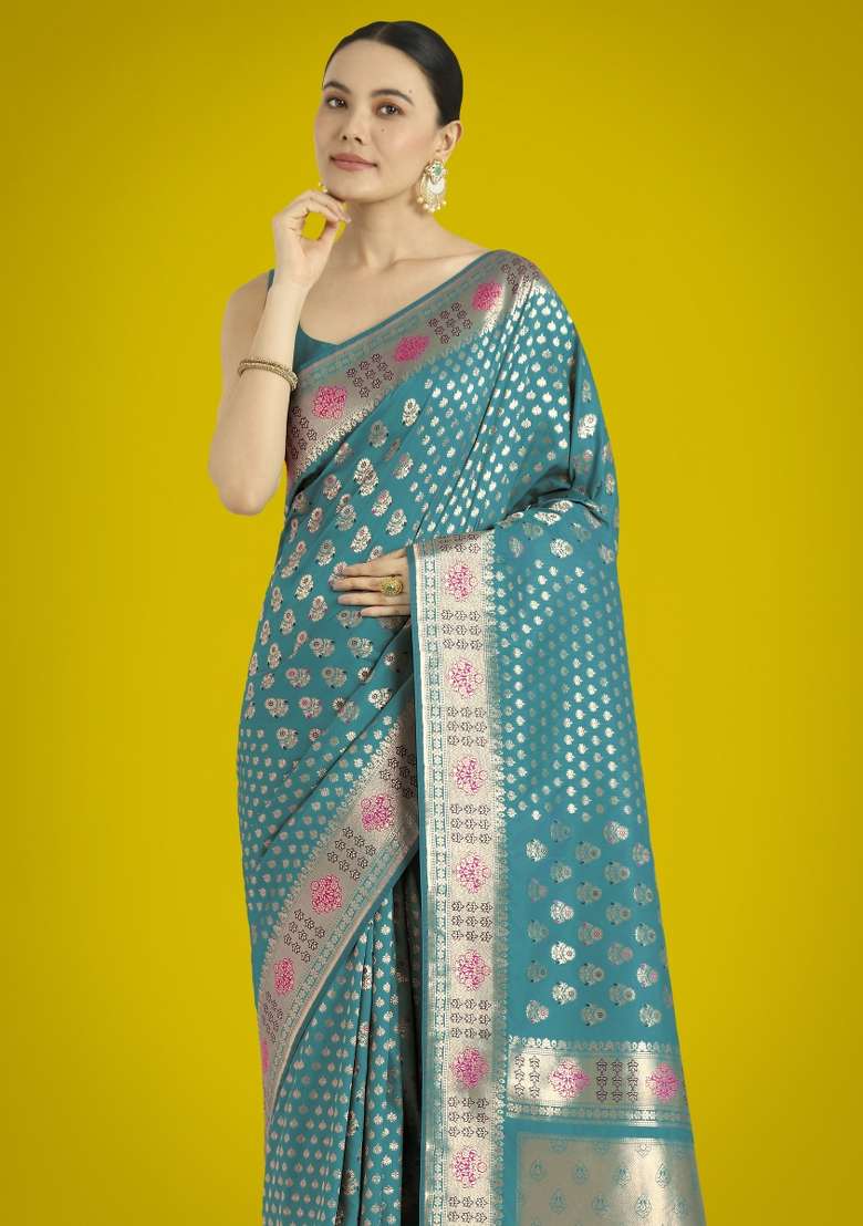 Turquoise Woven Silk Saree Set for Diwali | Wedding & Festive Wear - Indya