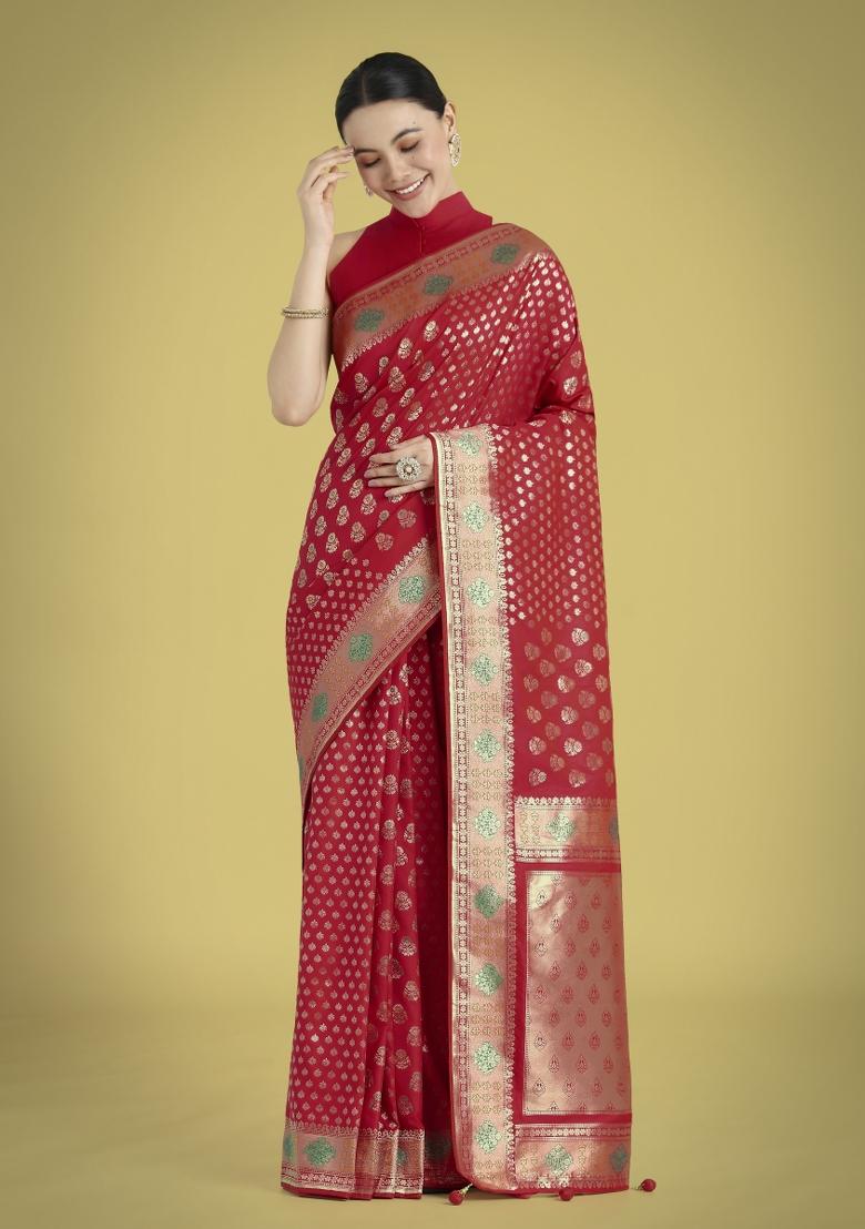 Red Woven Silk Saree Set - Indya