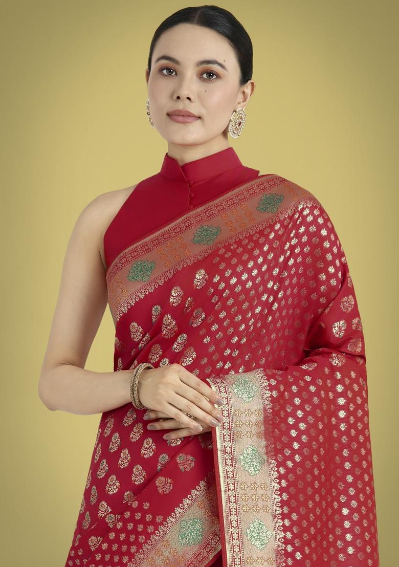 Red Woven Silk Saree Set - Indya