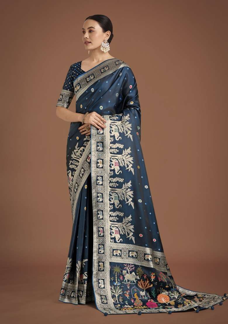 Turquoise Woven Silk Saree Set for Diwali | Wedding & Festive Wear - Indya
