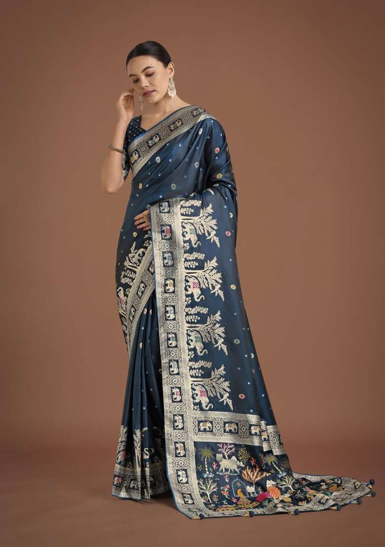 Turquoise Woven Silk Saree Set for Diwali | Wedding & Festive Wear - Indya