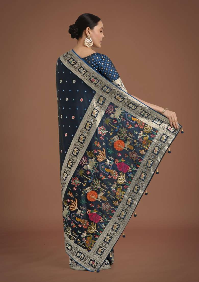 Turquoise Woven Silk Saree Set for Diwali | Wedding & Festive Wear - Indya