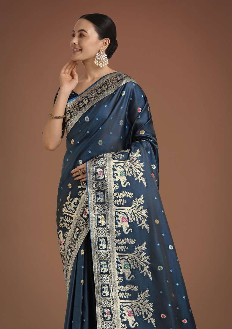 Turquoise Woven Silk Saree Set for Diwali | Wedding & Festive Wear - Indya