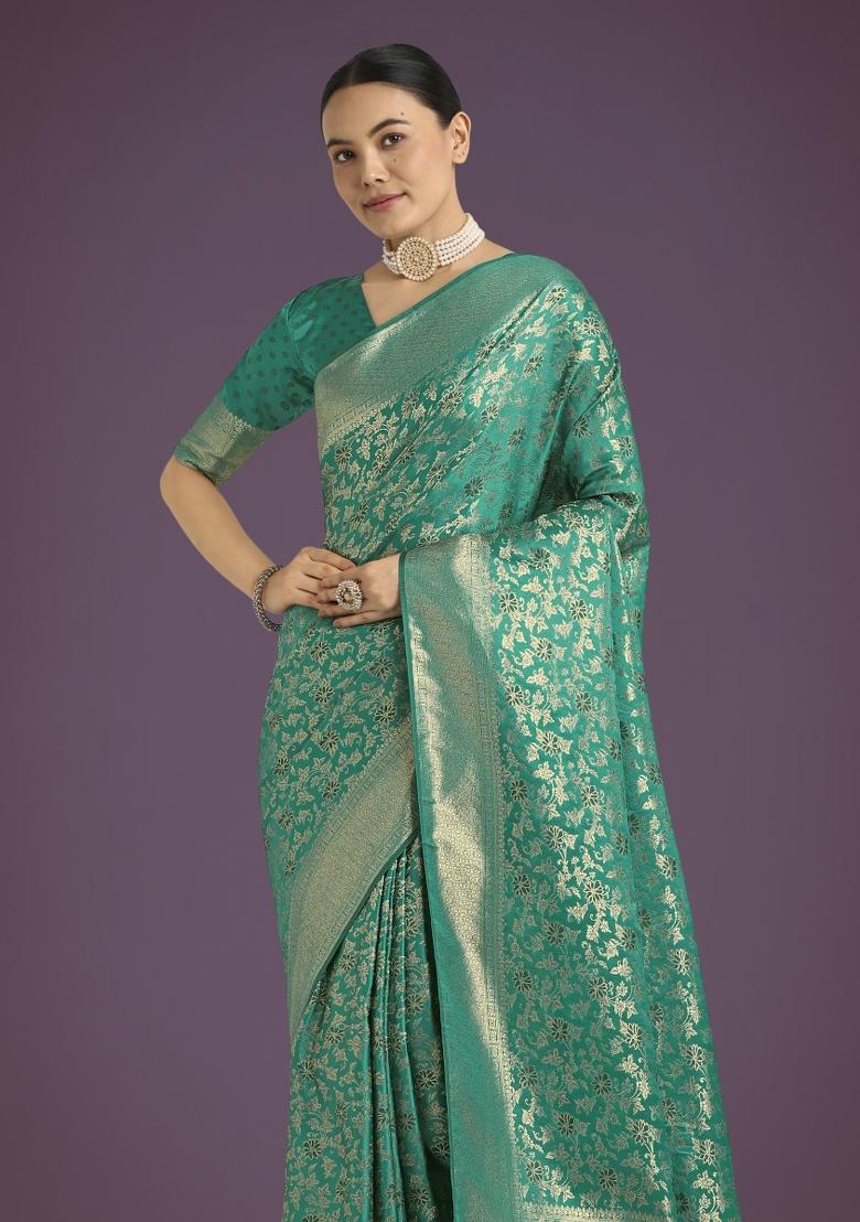 Teal Woven Silk Saree Set - Indya