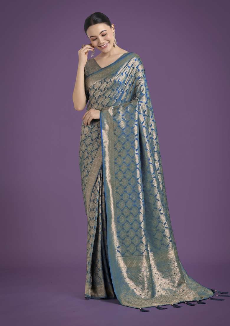 Turquoise Woven Silk Saree Set - Indya