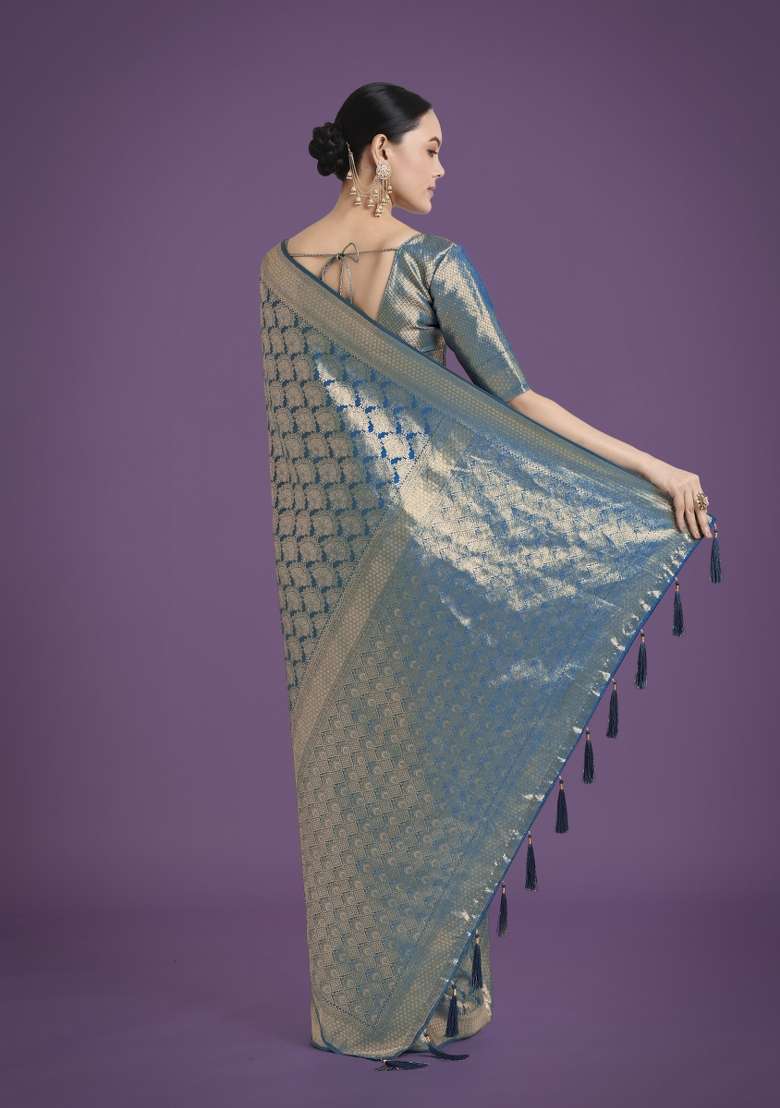 Turquoise Woven Silk Saree Set - Indya