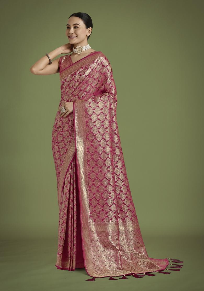 Pink Woven Silk Saree Set - Indya