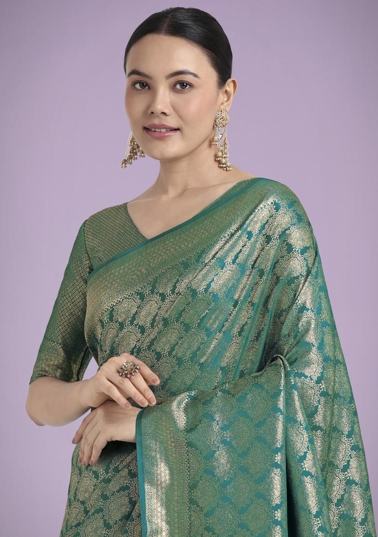 Teal Woven Silk Saree Set - Indya