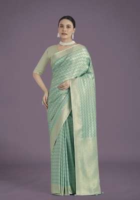 Turquoise Woven Silk Saree Set