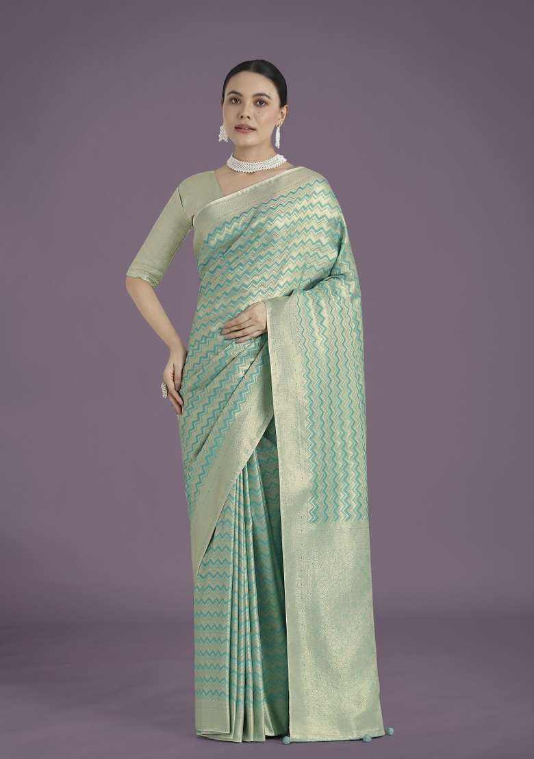 Turquoise Woven Silk Saree Set for Diwali | Wedding & Festive Wear - Indya