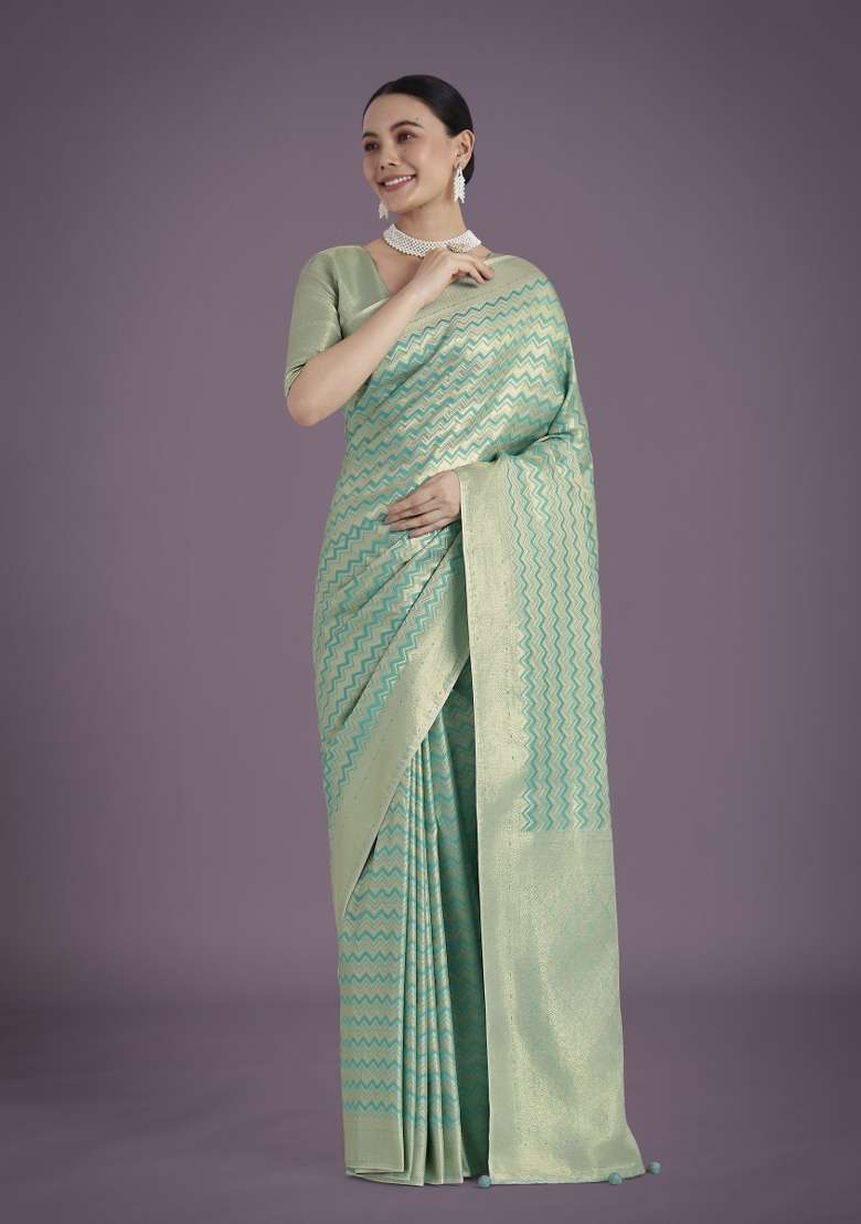 Turquoise Woven Silk Saree Set for Diwali | Wedding & Festive Wear - Indya