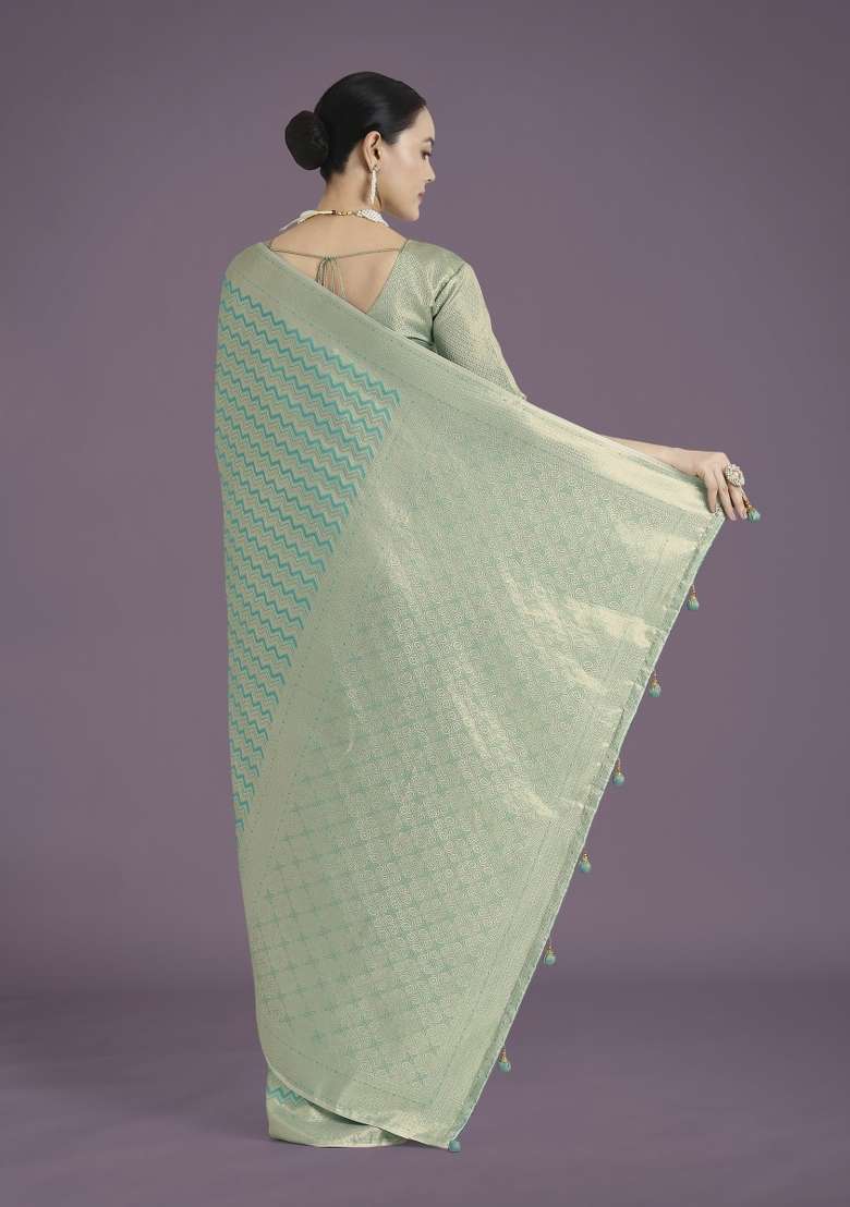 Turquoise Woven Silk Saree Set for Diwali | Wedding & Festive Wear - Indya