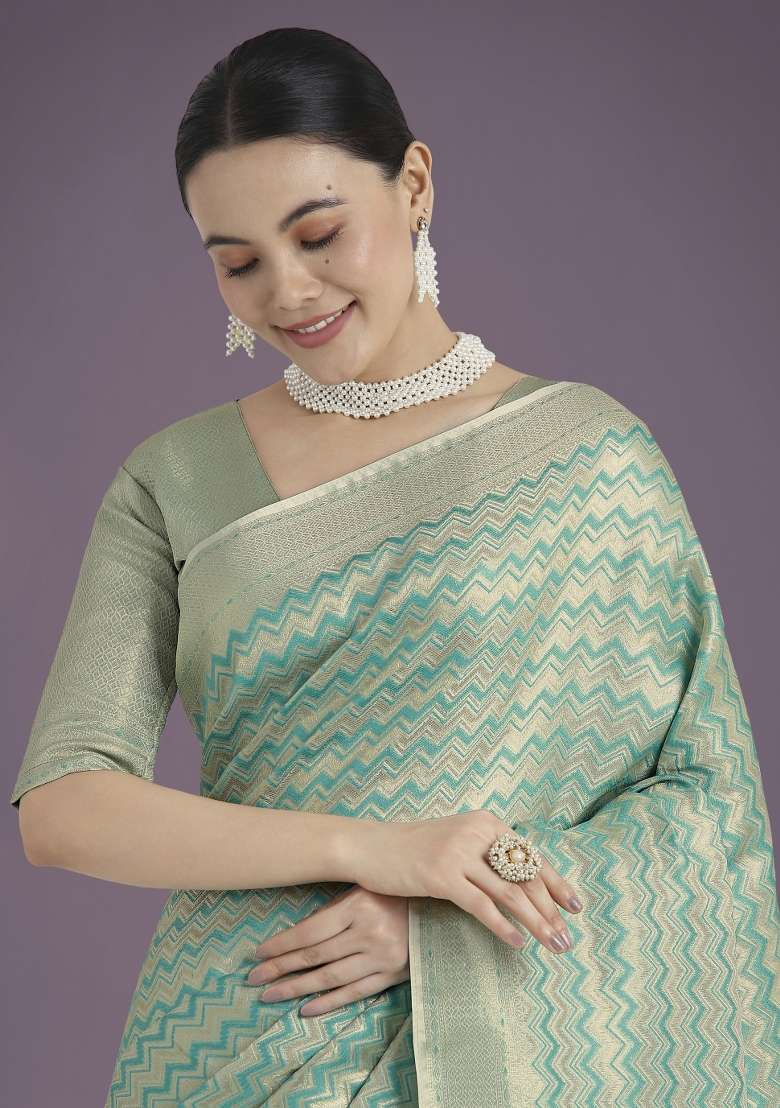 Turquoise Woven Silk Saree Set for Diwali | Wedding & Festive Wear - Indya
