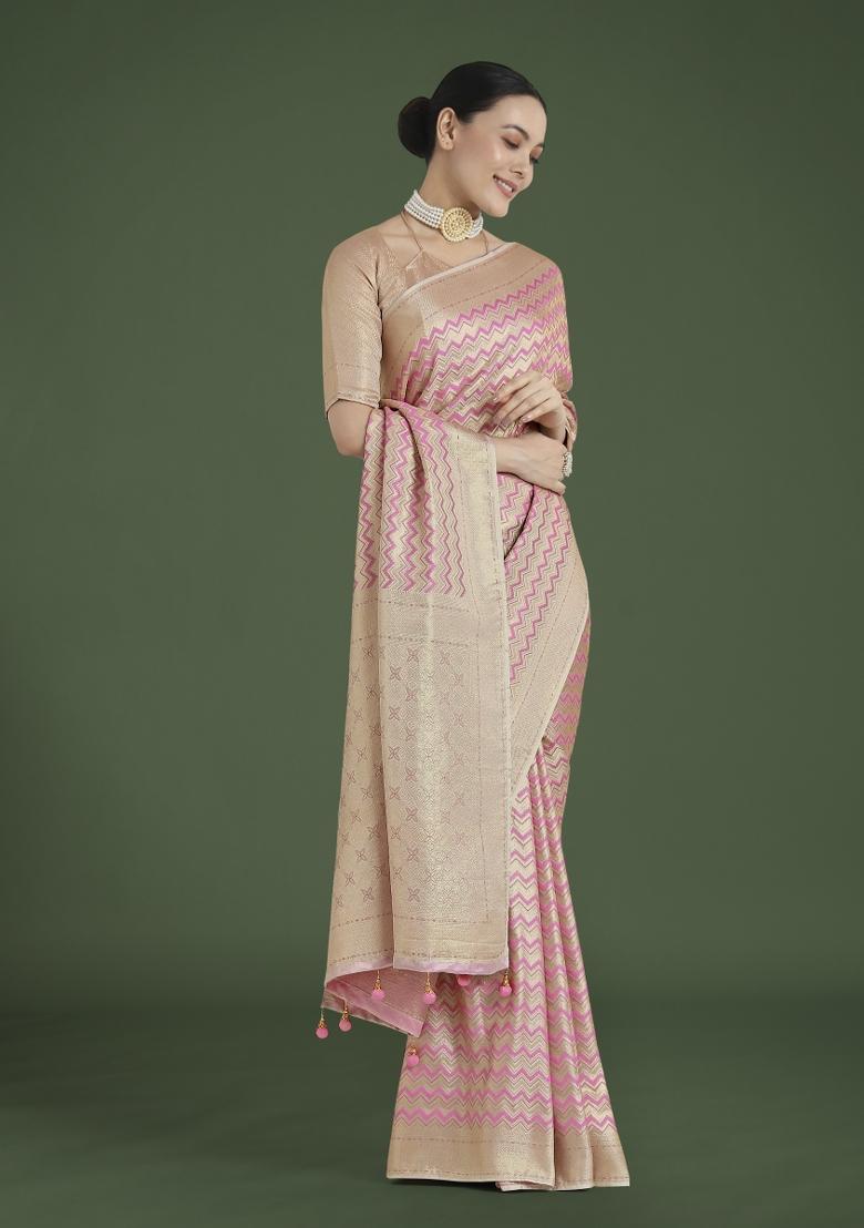 Pink Woven Silk Saree Set - Indya