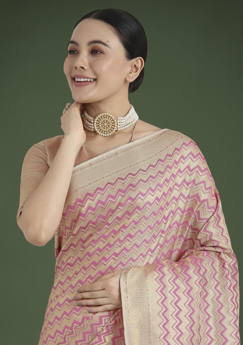 Pink Woven Silk Saree Set - Indya