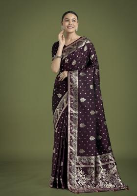 Wine Woven Silk Saree Set