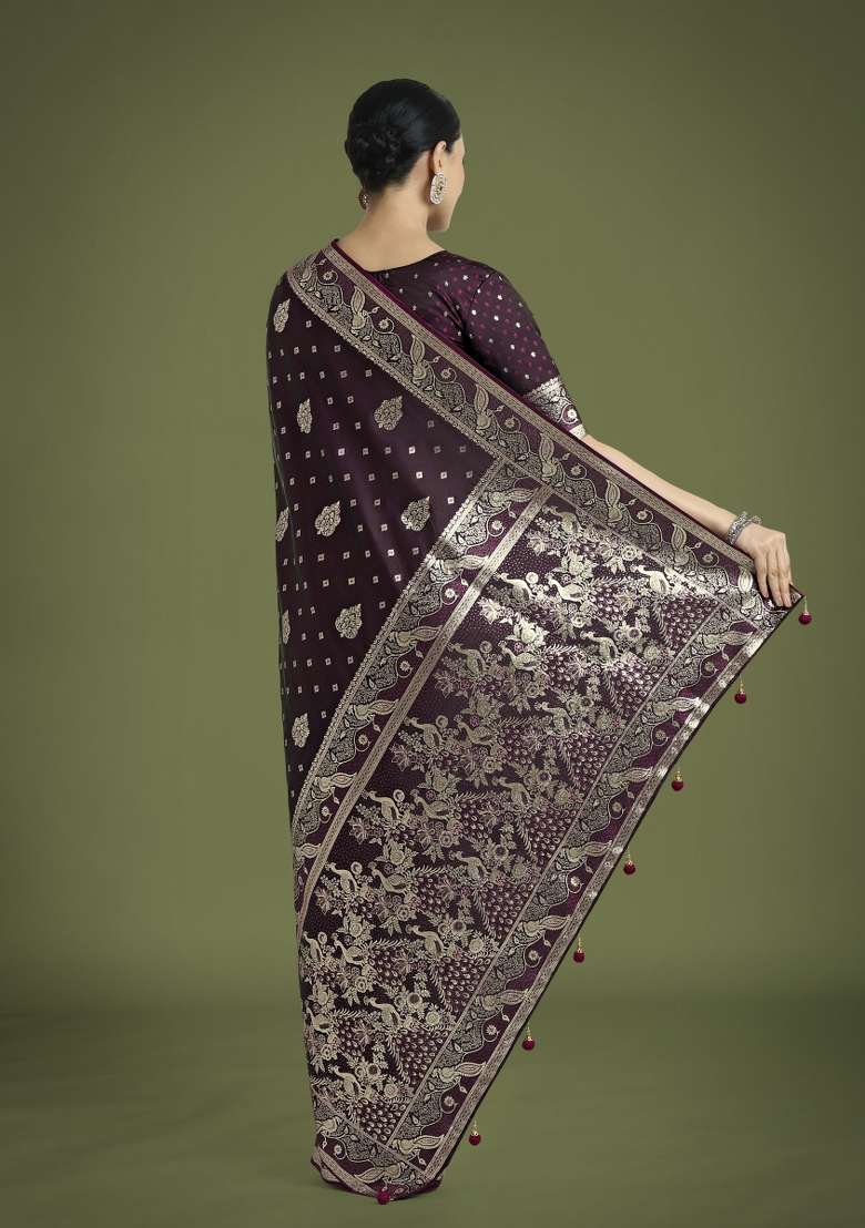 Wine Woven Silk Saree Set for Diwali | Wedding & Festive Wear - Indya