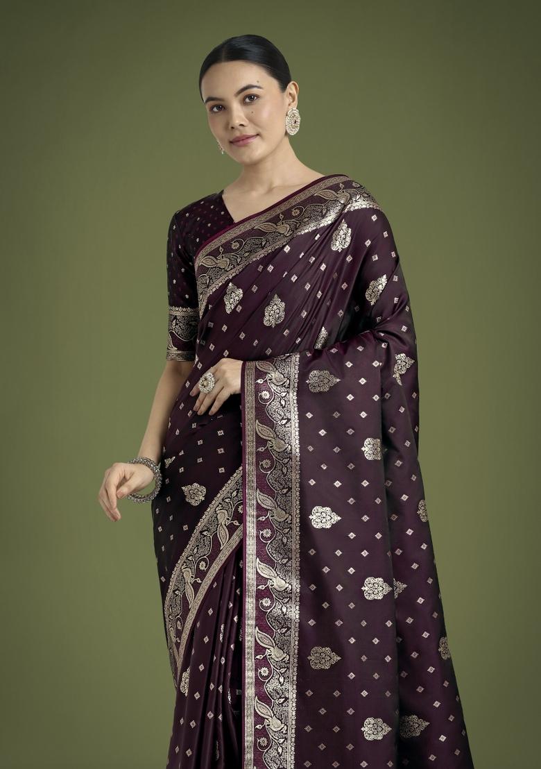 Wine Woven Silk Saree Set - Indya