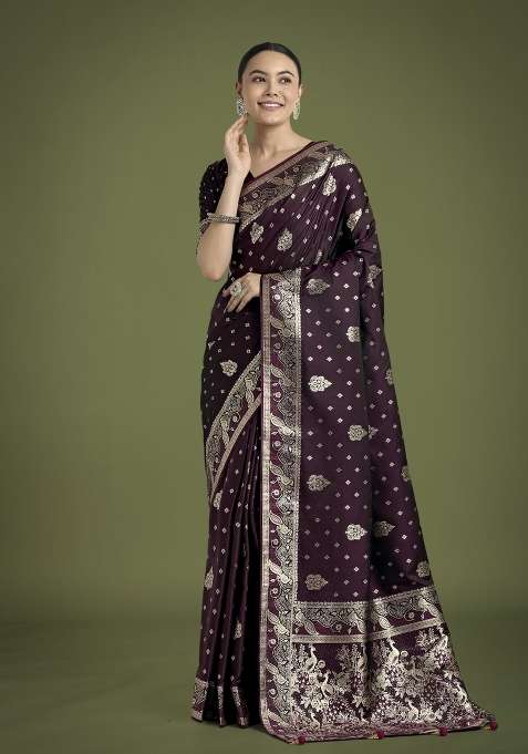 Wine Woven Silk Saree Set for Diwali | Wedding & Festive Wear