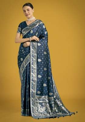 Turquoise Woven Silk Saree Set