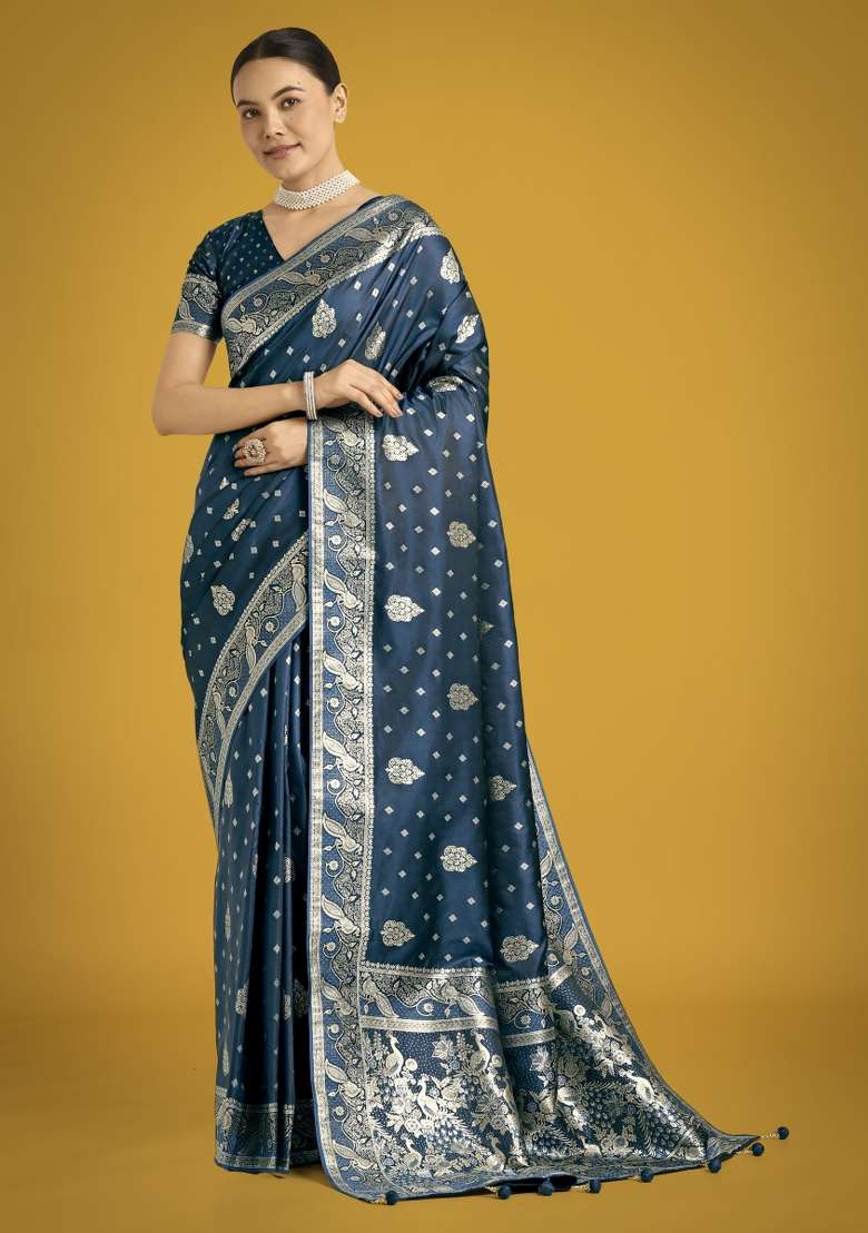 Turquoise Woven Silk Saree Set for Diwali | Wedding & Festive Wear - Indya