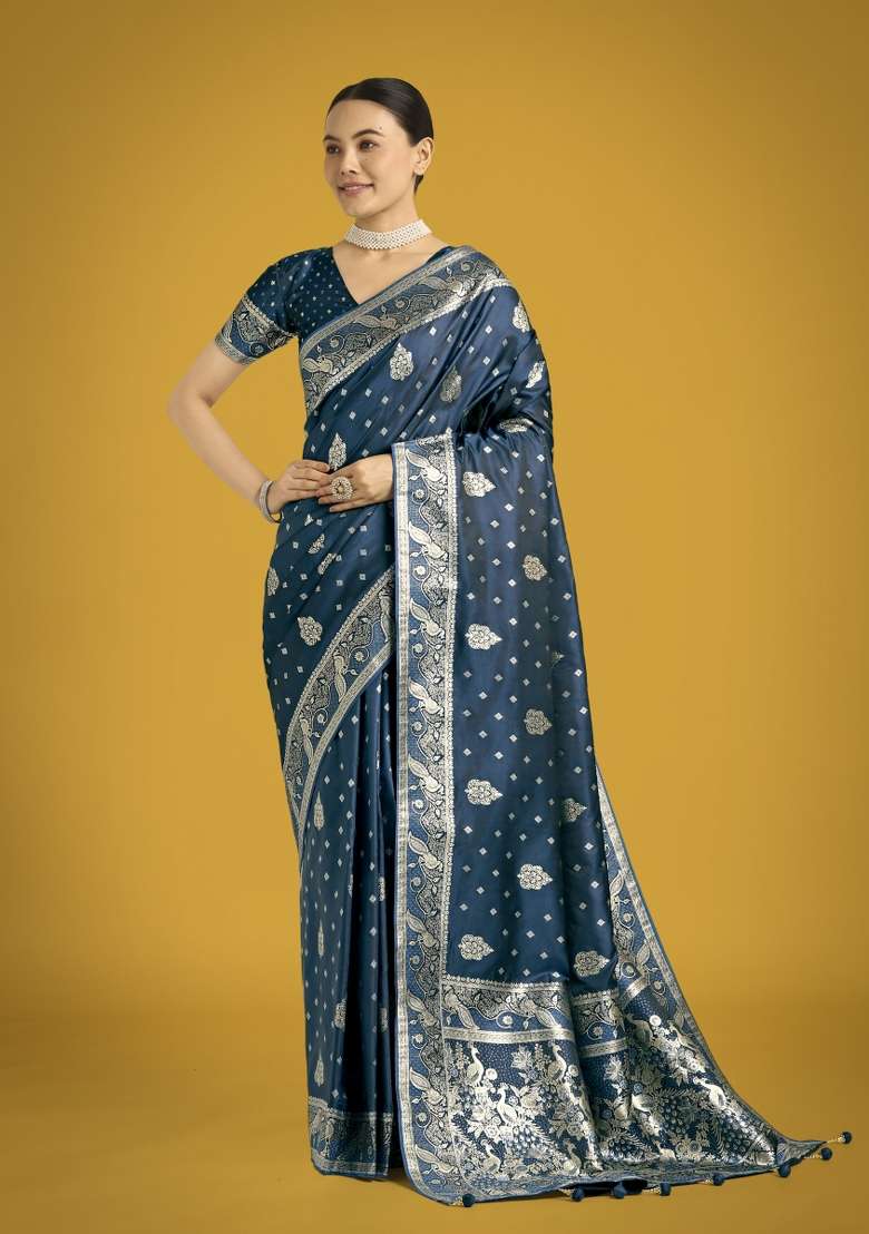 Turquoise Woven Silk Saree Set for Diwali | Wedding & Festive Wear - Indya